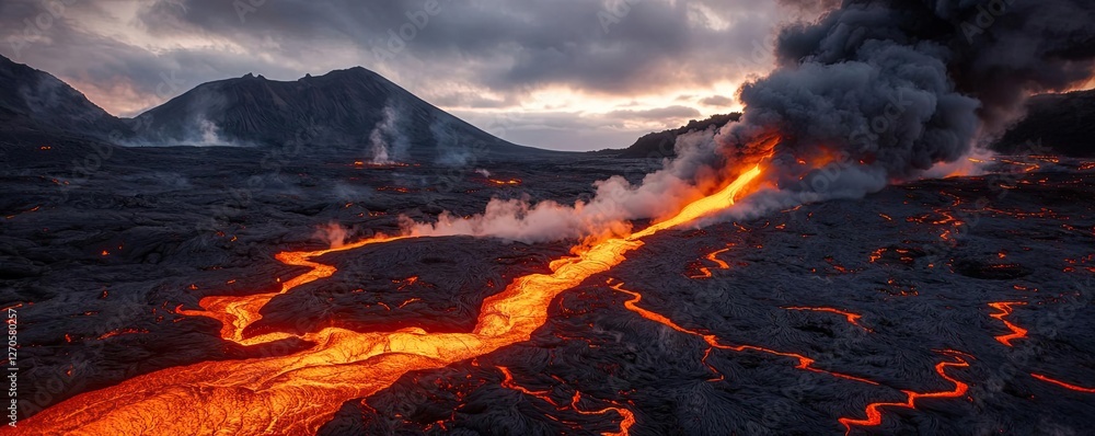 Volcanic landscapes concept. Lava flows from a volcano, creating a dramatic landscape against a moody sky. Volcanic landscapes concept. Lava flows from a volcano, creating a dramatic landscape against a moody sky.
