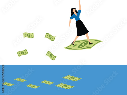 A businesswoman holds a wallet while money flies. Illustration of overspending, big spending, excessive shopping.