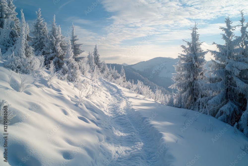 Obraz premium Trail in a wintery woodland with snow-covered pine trees. A serene, scenic hiking trail through the mountain forest.
