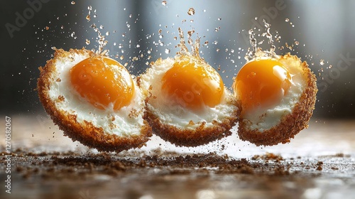 Fried eggs in air, splash, wooden table, blurred background