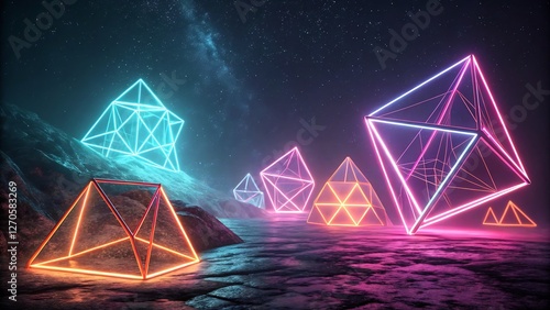 Futuristic Neon Geometric Shapes on a Dark Background with Glowing Edges visually striking and high-tech composition featuring bold, futuristic geometric shapes outlined with vibrant neon glows photo