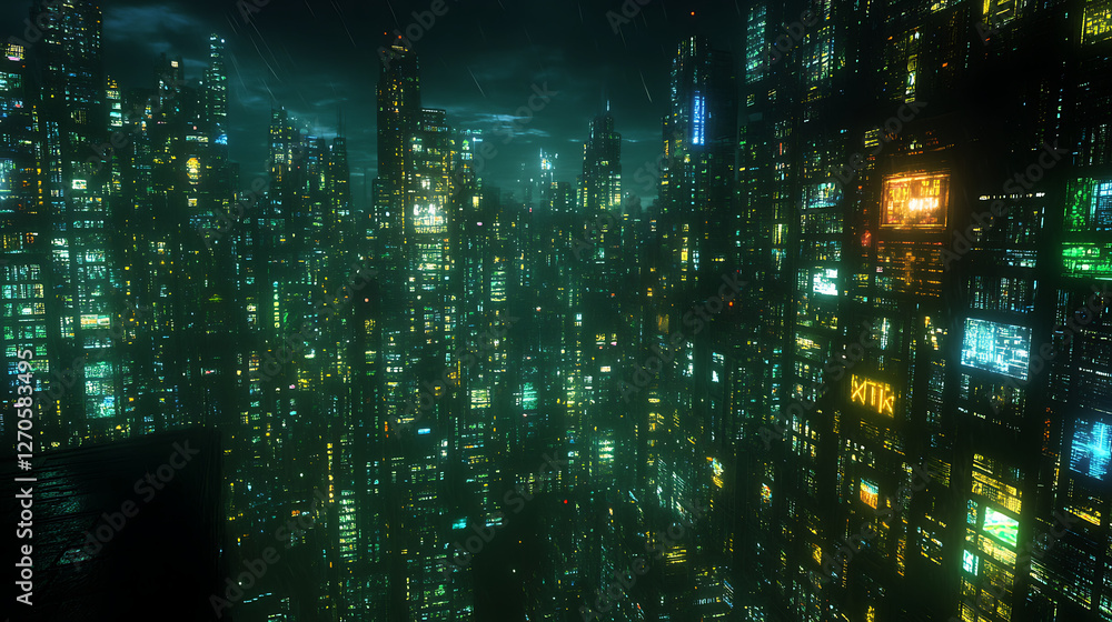 Naklejka premium Dense Metropolis Highrise Towers Illuminate Twilight Sky Reflecting Urban Technological Advancement