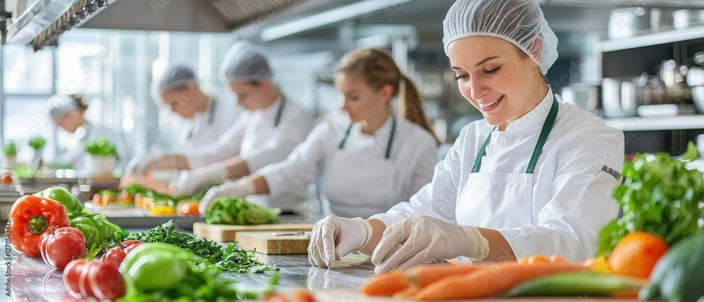A group of kitchen staff working together, all following hygiene practices like gloves and hairnets A group of kitchen staff working together, all following hygiene practices like gloves and hairnets