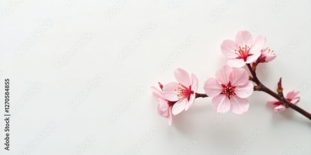 Fototapeta premium Delicate Pink Blossoms on a Branch Against a White Background, a Simple Floral Image Perfect for Springtime Designs and Greeting Cards
