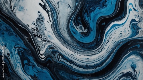 High-resolution abstract fluid marble texture with swirling black, white, and blue tones for backgrounds, prints, and digital design.