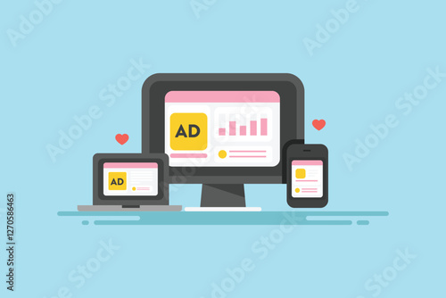 Programmatic Ads, automatic media buying and display ads on multiple device and network, marketing technology digital communication concept.