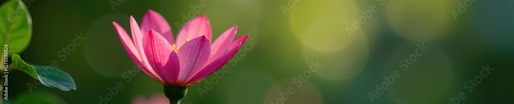 A single bright pink flower with a delicate stem and leaves, natural light, botanical, shadow A single bright pink flower with a delicate stem and leaves, natural light, botanical, shadow