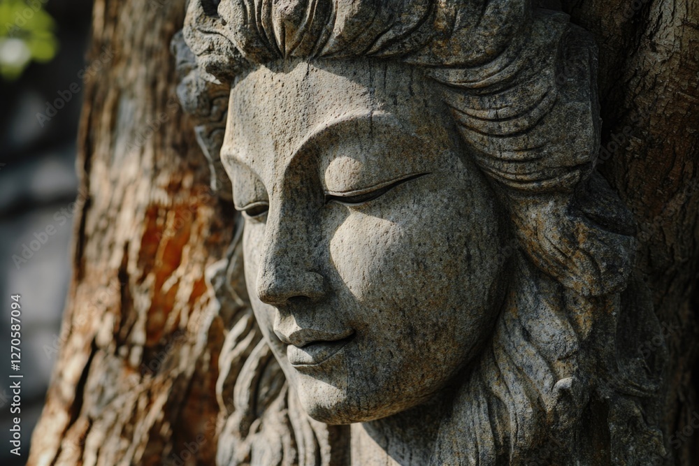 A stone sculpture of a face, possibly Buddha or an ancient deity, set into the trunk of a tree. A stone sculpture of a face, possibly Buddha or an ancient deity, set into the trunk of a tree.