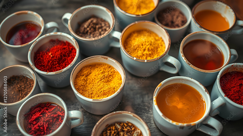 Different seasonings in cups. Spice background on the table
Different seasonings in cups. Spice background on the table
