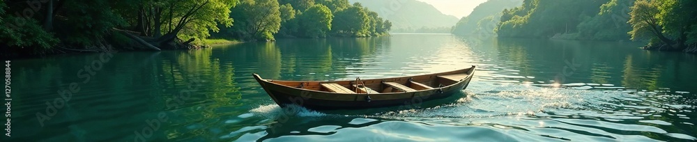 A wooden raft gliding across the serene surface of the river, raft, boat A wooden raft gliding across the serene surface of the river, raft, boat