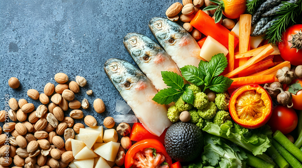 fresh vegetables, fish, mint leaves, carrots and nuts balanced diet on a wooden table ai fresh vegetables, fish, mint leaves, carrots and nuts balanced diet on a wooden table ai