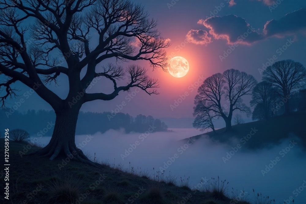 Bare branches of ancient trees stretching towards a moonlit sky with misty fog below, mystical ambiance, serene landscape, misty fog Bare branches of ancient trees stretching towards a moonlit sky with misty fog below, mystical ambiance, serene landscape, misty fog