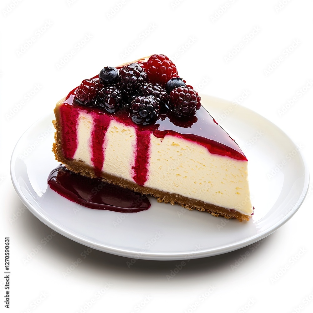 A creamy slice of New York-style cheesecake with a rich berry compote drizzled on top plain with background A creamy slice of New York-style cheesecake with a rich berry compote drizzled on top plain with background