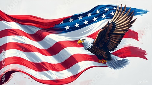 Wavy American flag with an eagle symbolizing strength and freedom . 4th of July Memorial or Independence day background. Generative AI technology. 
