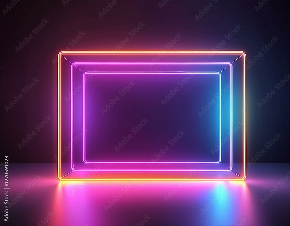 3d render, abstract background with colorful neon light. Performance stage laser show illumination. Rectangular geometric shapes, square frames, virtual reality. Glowing neon lines. Modern design. 3d render, abstract background with colorful neon light. Performance stage laser show illumination. Rectangular geometric shapes, square frames, virtual reality. Glowing neon lines. Modern design.