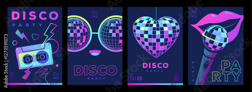 Set of retro futuristic disco party posters, covers or banners with disco ball. Fluorescent disco background. Flat design. Vector illustration