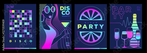 Set of retro futuristic disco party posters, covers or banners with disco ball. Fluorescent disco background. Flat design. Vector illustration