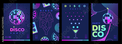 Set of retro futuristic disco party posters, covers or banners with disco ball. Fluorescent disco background. Flat design. Vector illustration