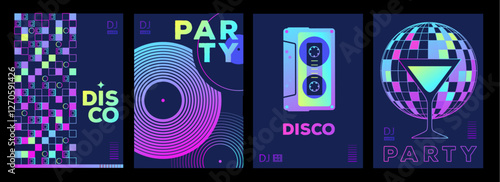 Set of retro futuristic disco party posters, covers or banners with disco ball. Fluorescent disco background. Flat design. Vector illustration