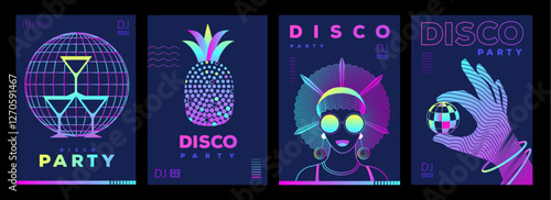 Set of retro futuristic disco party posters, covers or banners with disco ball. Fluorescent disco background. Flat design. Vector illustration