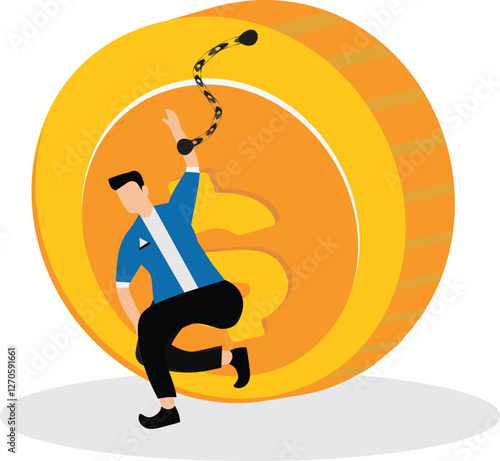 A squatting businessman with his hands cuffed with large gold coins tries to restrain him. Illustration for gold handcuffs, exclusive contract, binding workers