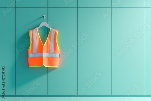 Bright safety vest hanging against vibrant teal wall, emphasizin photo