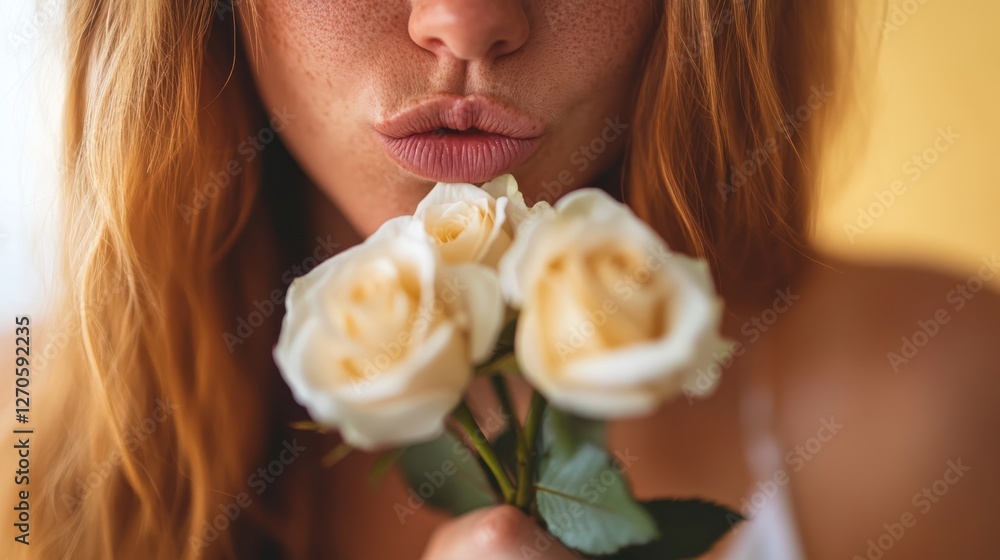 A woman's lips gently touch a bouquet of creamy white roses, with petals framing her face under warm, ethereal lighting, evoking romance and tranquility A woman's lips gently touch a bouquet of creamy white roses, with petals framing her face under warm, ethereal lighting, evoking romance and tranquility