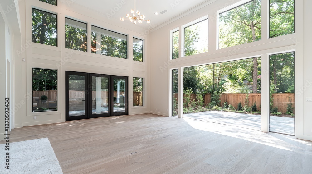 Fototapeta premium Modern home interior, sunlight streaming through large windows, showcasing spacious living area and backyard access; real estate listing