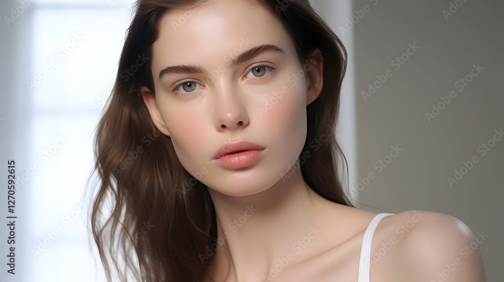 Naklejka premium Radiant and Flawless Beauty A Captivating Close up Portrait of a Woman with Luminous Skin Natural Makeup and a Pristine White Background that Showcases Her Natural Beauty and Elegance