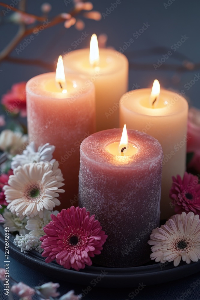 This image features a collection of pink votive candles arranged with an assortment of colorful flowers. This image features a collection of pink votive candles arranged with an assortment of colorful flowers.