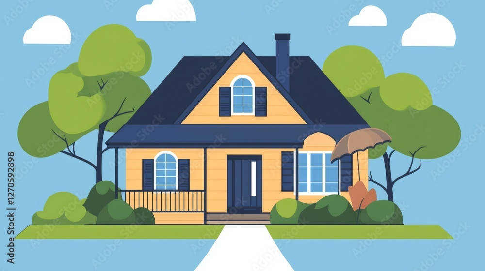 Fototapeta premium Suburban House Illustration With Trees & Sky, Depicts A Comfortable & Idyllic Home Environment, Ideal For Real Estate Or Lifestyle Themes.