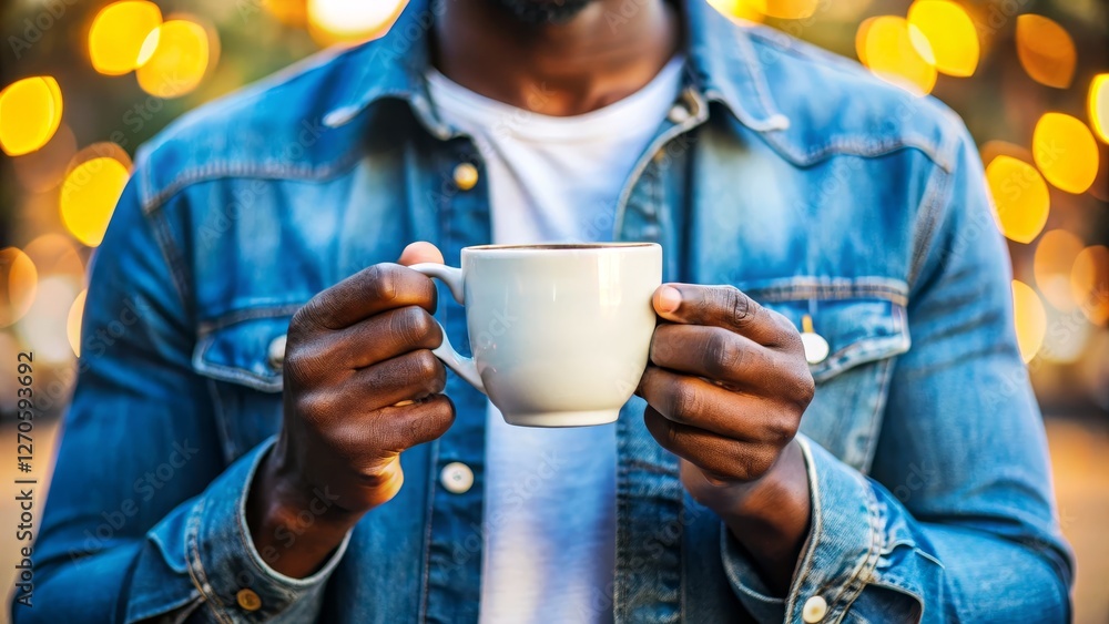 Bokeh Coffee Mug Mockup: Close-up Photo of Person Holding Coffee Cup, Denim Jacket, Branding Space Bokeh Coffee Mug Mockup: Close-up Photo of Person Holding Coffee Cup, Denim Jacket, Branding Space