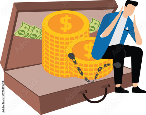A businessman stands with his hands handcuffed to a large bag filled with gold coins. Illustration for golden handcuffs, exclusive contract, binding workers