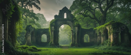 Mystical Overgrown Ruins Surrounded by Lush Greenery and Ambient Light photo