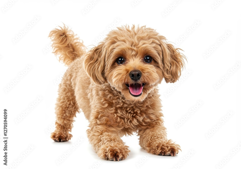 A happy toy poodle dog with curly beige fur isolated on a white background A happy toy poodle dog with curly beige fur isolated on a white background