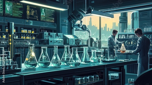 A high-tech laboratory with scientists conducting experiments, advanced equipment, and glass beakers.