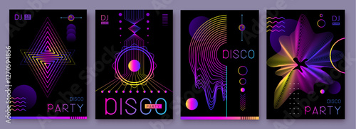 Set of retro futuristic holographic disco party posters, covers or banners with different geometric shapes. Fluorescent disco background. Flat design. Vector illustration