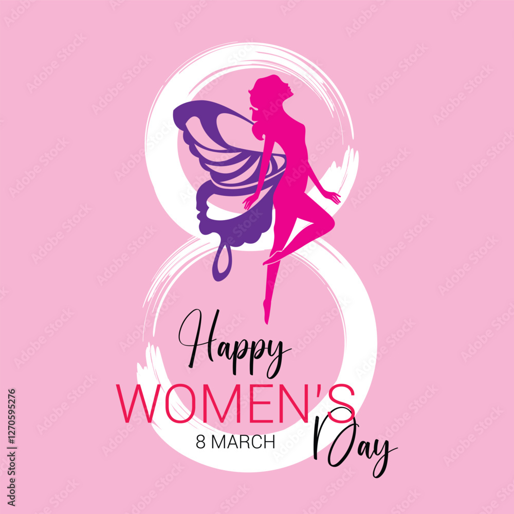 Happy Women's Day 8th march greeting card. Vector illustration in trendy minimalist style of flying women. Isolated on pink background Happy Women's Day 8th march greeting card. Vector illustration in trendy minimalist style of flying women. Isolated on pink background