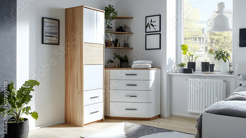 Modern corner wardrobe and chest in bedroom