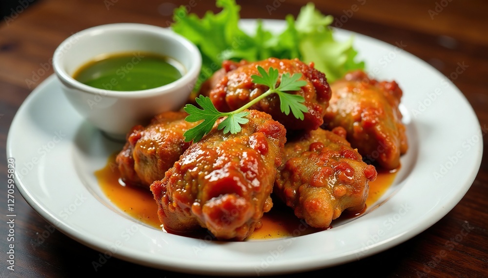 Crispy fried duck served with a side of spicy green chili sauce, cuisine, cooked, plate Crispy fried duck served with a side of spicy green chili sauce, cuisine, cooked, plate