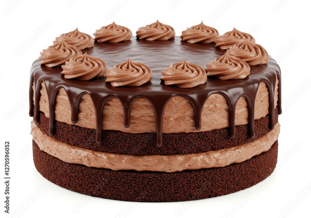 Chocolate cake layered with cream and topped with decorative cream swirls dripping chocolate glaze isolated on white background Chocolate cake layered with cream and topped with decorative cream swirls dripping chocolate glaze isolated on white background