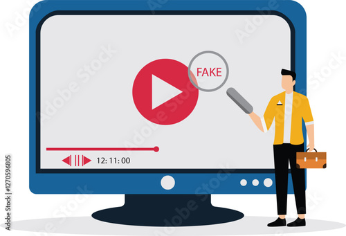 A businessman uses magnify to a laptop and sees the word fake, an illustration for fake news, hoax, illegal reports, misinformation