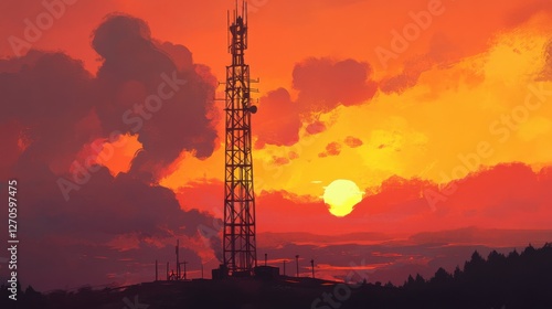 Wallpaper Mural Communication Tower Silhouette Against Vibrant Sunset Sky Torontodigital.ca