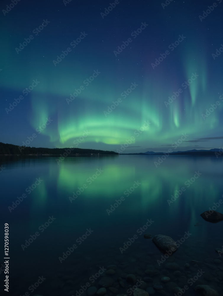 Naklejka premium Stunning northern lights over calm lake with clear stars and reflections