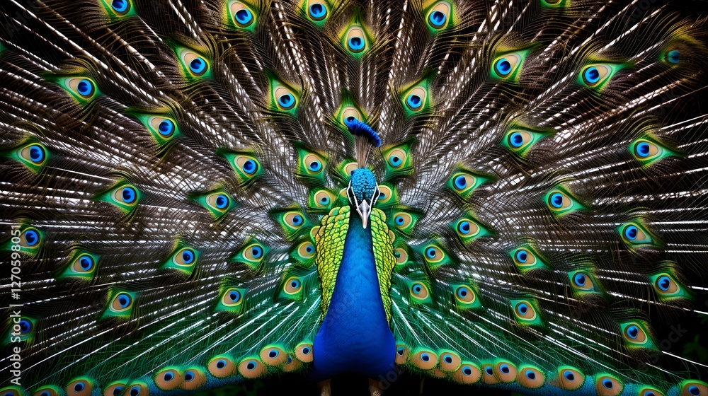 Obraz premium Majestic Peacock Displaying its Spectacular Vibrant Feathers Revealing the Stunning Intricate Patterns and Ornate Details of its Ornamental Plumage