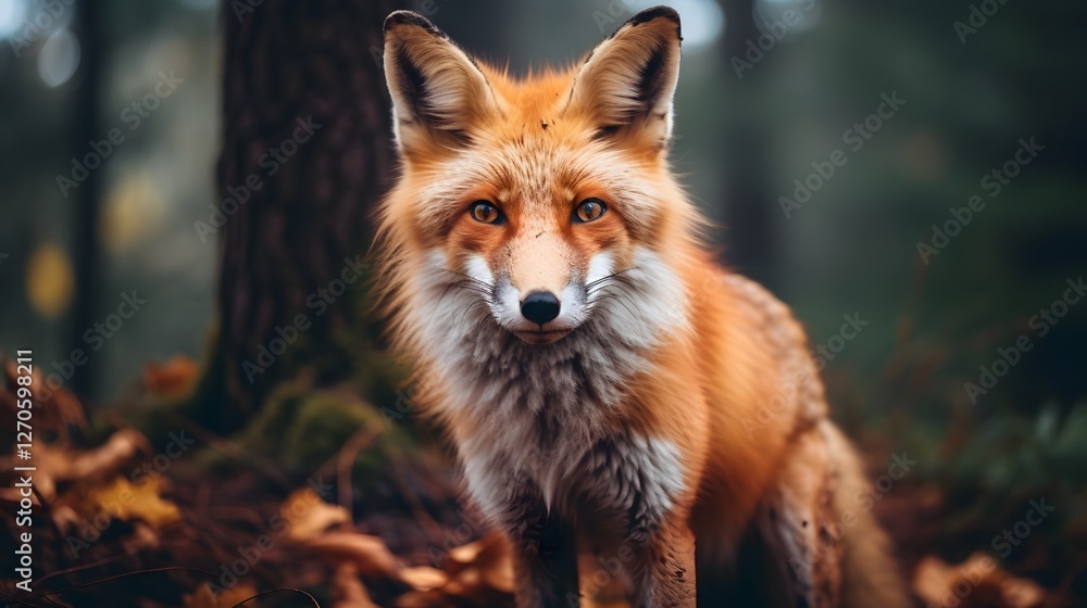 A striking close up portrait of a captivating red fox staring directly at the with a mysterious pensive expression in its natural woodland habitat A striking close up portrait of a captivating red fox staring directly at the with a mysterious pensive expression in its natural woodland habitat