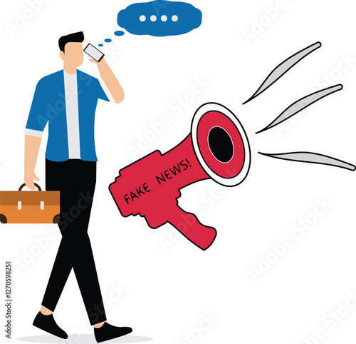 A businessman holds a mobile phone near a megaphone and there is the word fake, an illustration for fake news, hoax, illegal report, misinformation