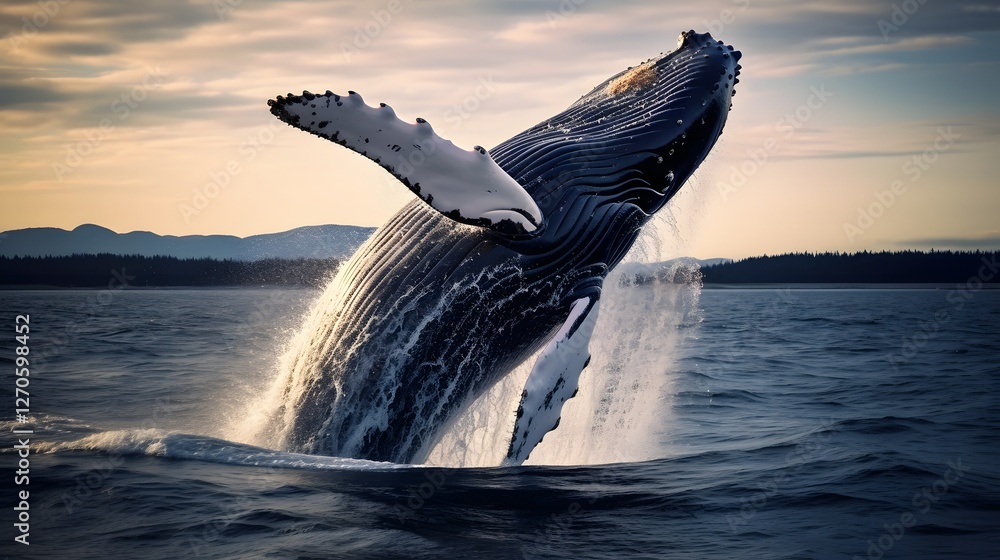 Obraz premium Majestic humpback whale breaching the ocean surface creating a dramatic splash and display of power and grace