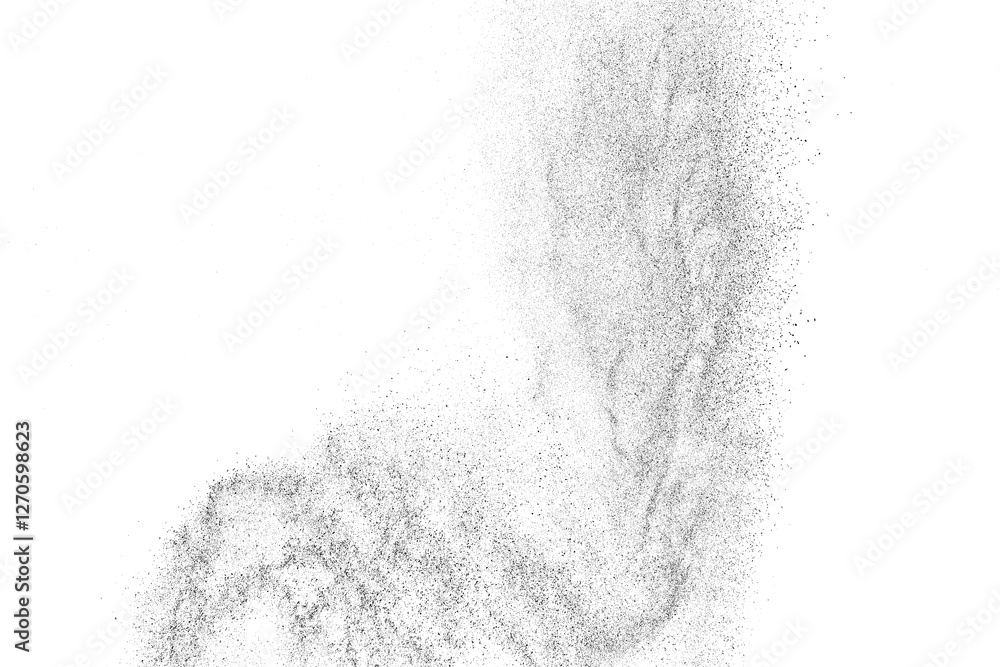 Black grainy texture. Abstract dust overlay. Grain noise. Black explosion on transparent background. Splash water effect. PNG format.