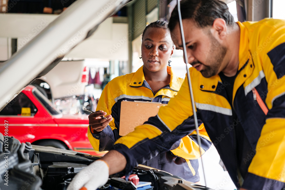 Two professional auto mechanics in a repair shop inspecting a car engine. A woman holds a clipboard while a male technician works under the hood. Teamwork and automotive service industry concept. Two professional auto mechanics in a repair shop inspecting a car engine. A woman holds a clipboard while a male technician works under the hood. Teamwork and automotive service industry concept.